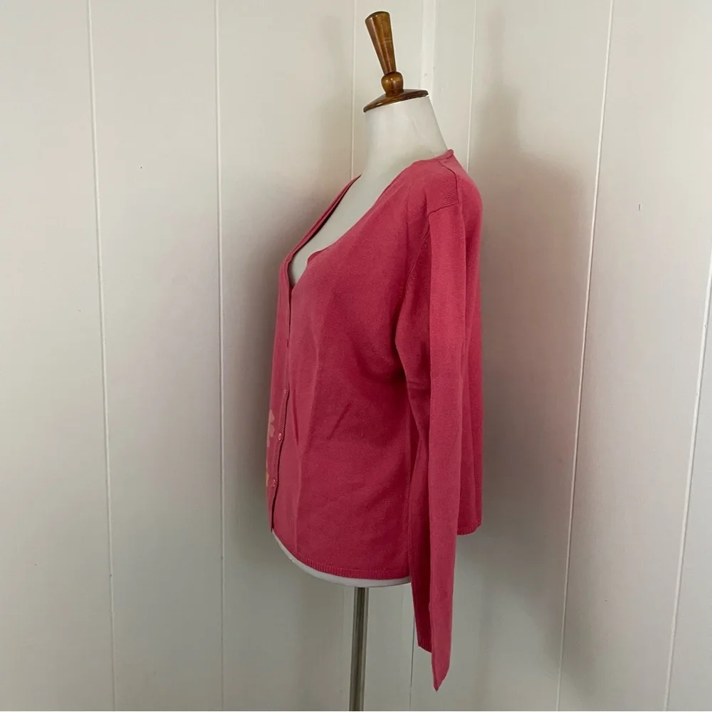 LL Bean Pink Cardigan Sweater Women’s M‎ Silk Cashmere Floral Knit V-Neck - Picture 5 of 8